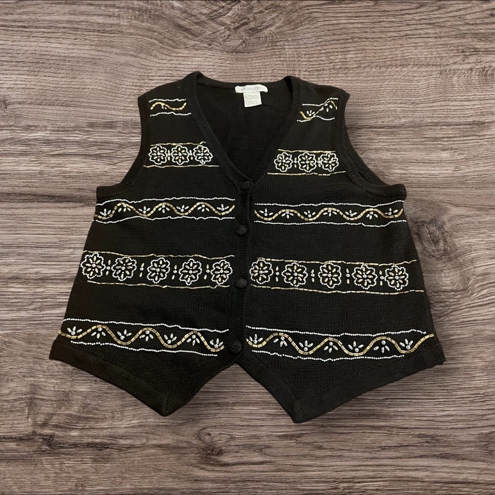 Victoria Jones Vintage 90s Women’s Black Gold Silver Beaded Sweater Vest Large